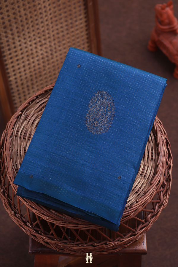 Kanchipuram Silk Saree In Cobalt Blue With Stripes Design