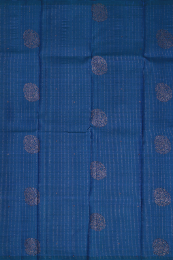 Kanchipuram Silk Saree In Cobalt Blue With Stripes Design