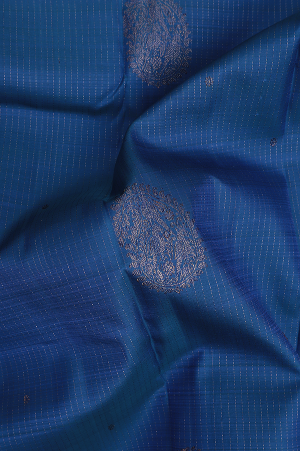 Kanchipuram Silk Saree In Cobalt Blue With Stripes Design