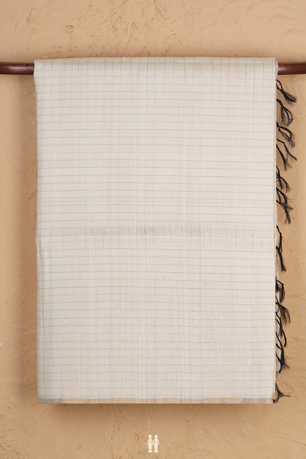 Raw Silk Saree In Off White With Checks Design