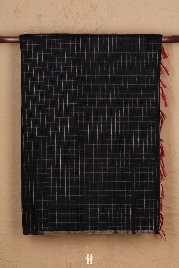 Raw Silk Saree In Black With Checks Design