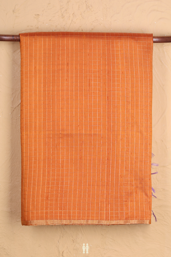 Raw Silk Saree In Royal Orange With Checks Design