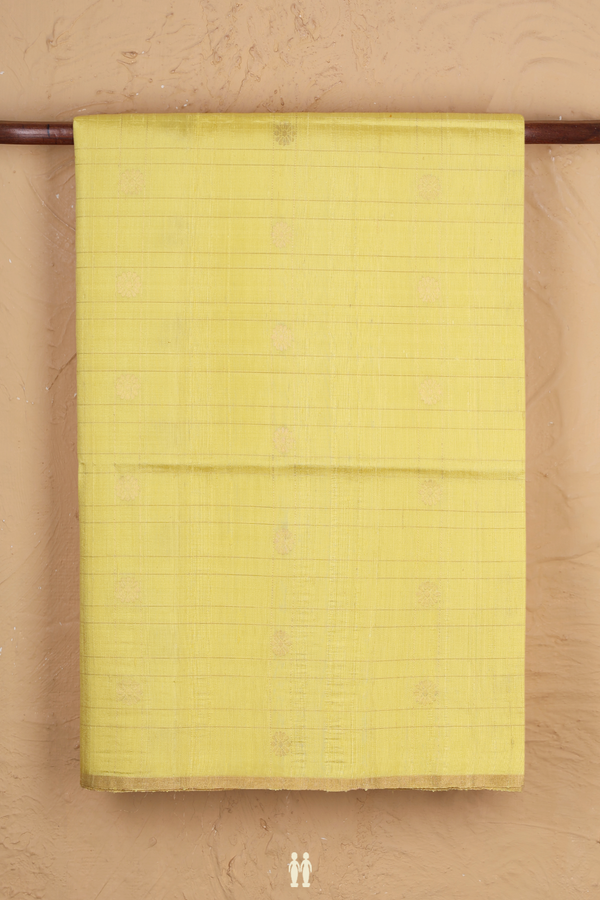 Raw Silk Saree In Light Yellow With Checks Design