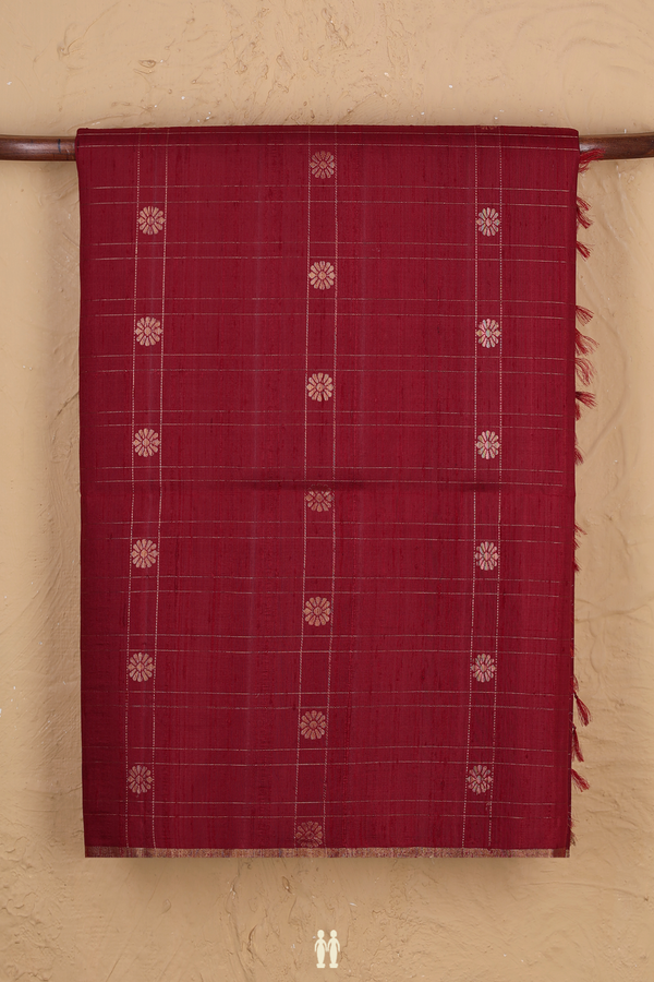 Raw Silk Saree In Burgundy Red With Checks Design