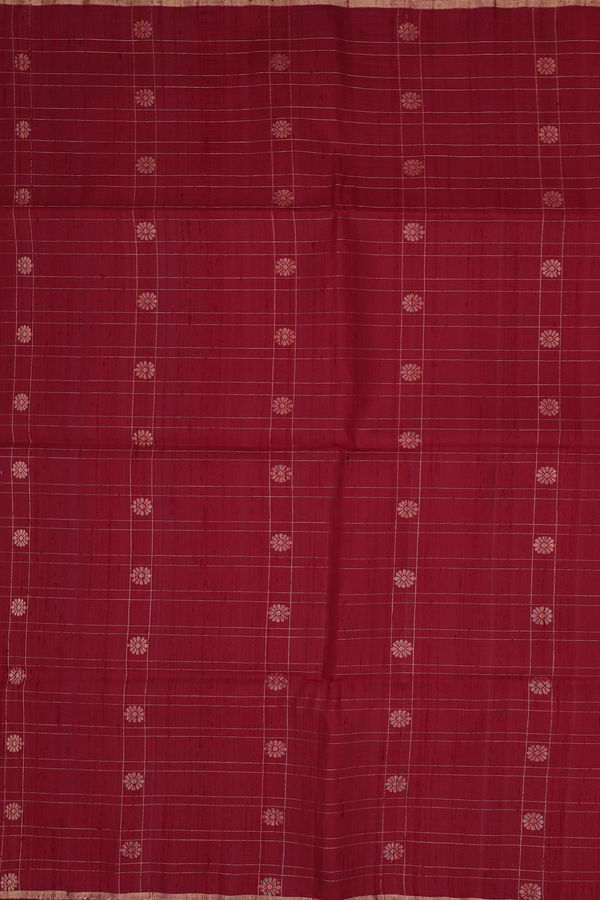 Raw Silk Saree In Burgundy Red With Checks Design
