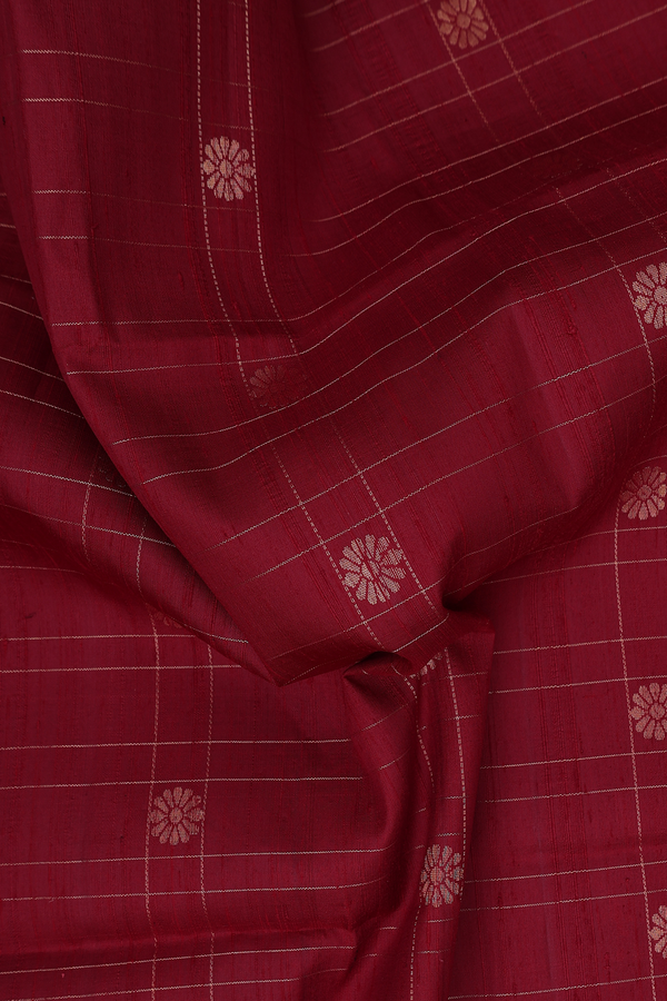 Raw Silk Saree In Burgundy Red With Checks Design