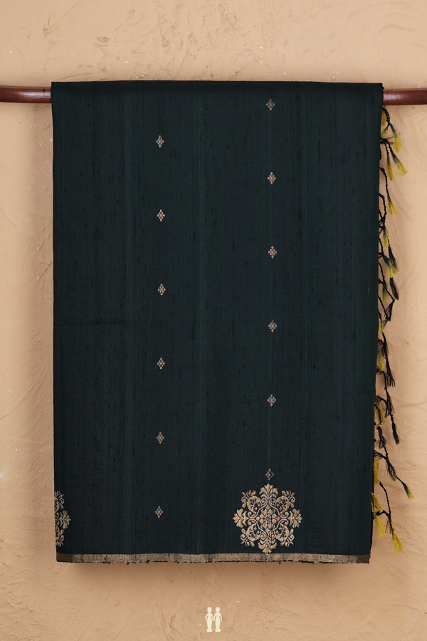 Raw Silk Saree In Dark Green With Zari Buttis