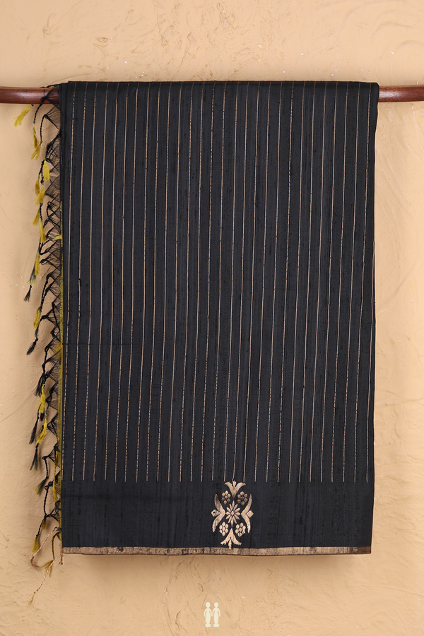 Raw Silk Saree In Black With Stripes Design