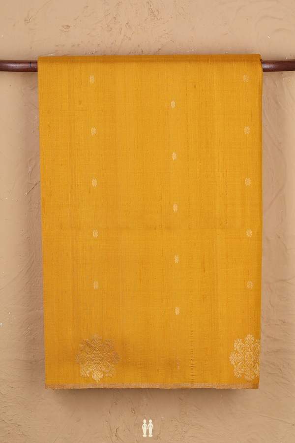 Raw Silk Saree In Mustard Yellow With Floral Buttas