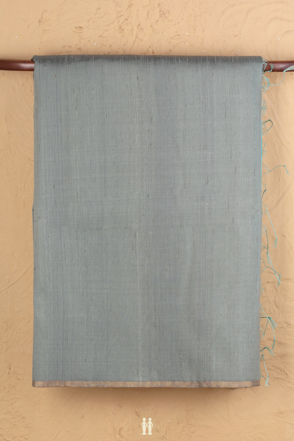 Raw Silk Saree In Greenish Grey With Contrast Pallu