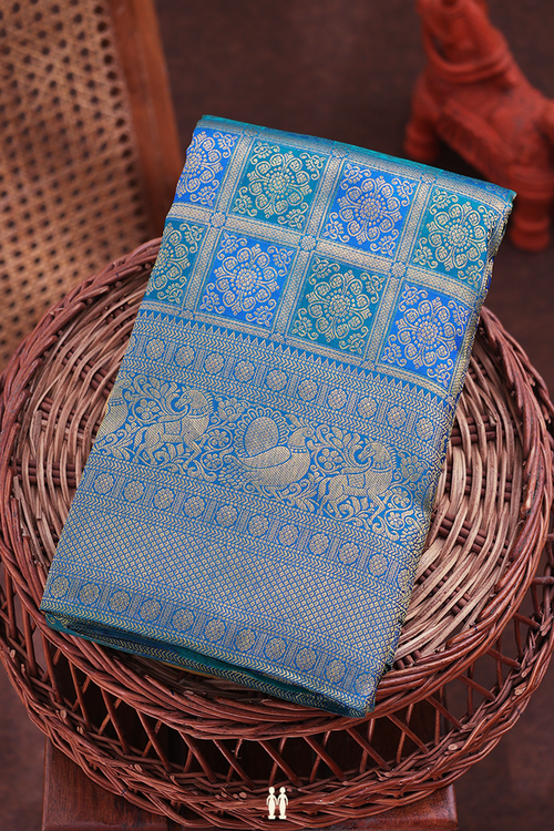 Kanchipuram Silk Saree In Shades Of Blue With Brocade Design