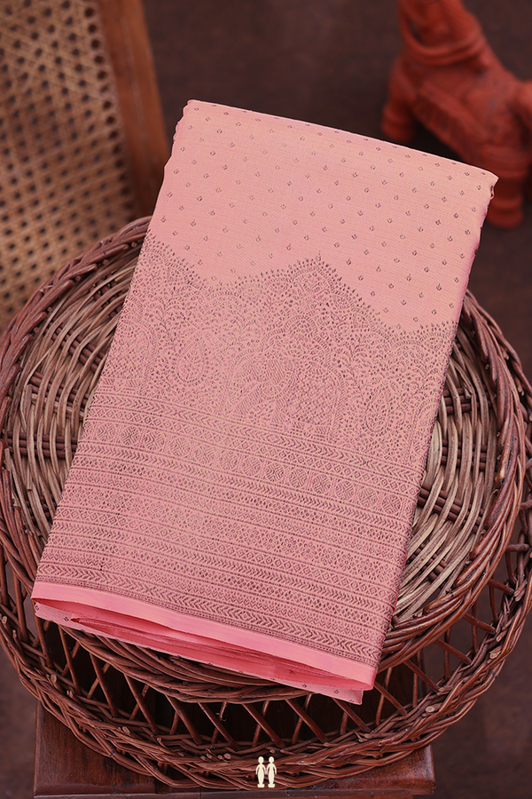 Kanchipuram Silk Saree In Salmon Pink Along Stripes With Buttis