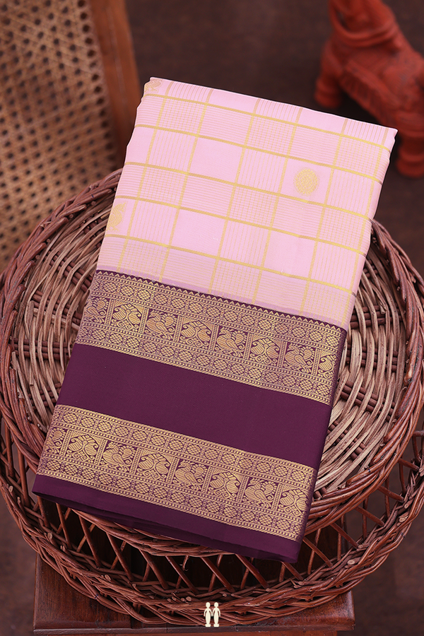 Kanchipuram Silk Saree In Light Pink With Checks Design