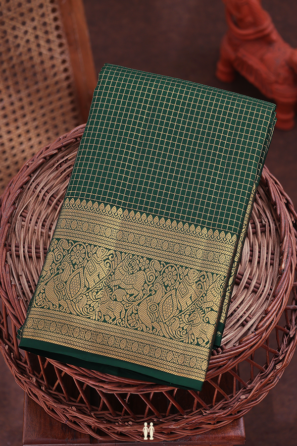 Kanchipuram Silk Saree In Forest Green With Checks Design