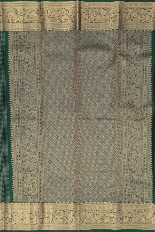 Kanchipuram Silk Saree In Forest Green With Checks Design