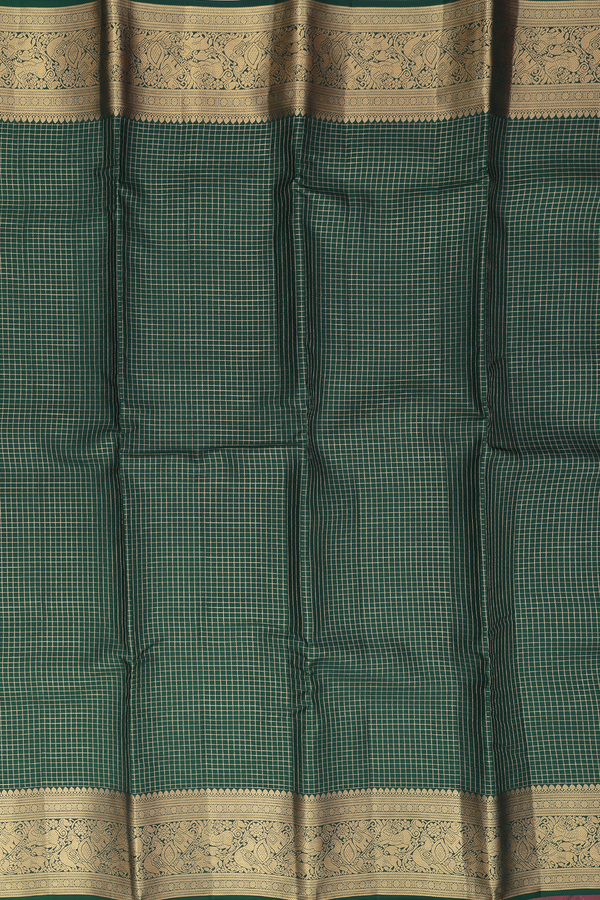 Kanchipuram Silk Saree In Forest Green With Checks Design