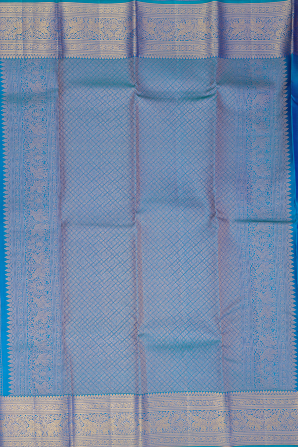 Kanchipuram Silk Saree In Peacock Blue With Checks Design