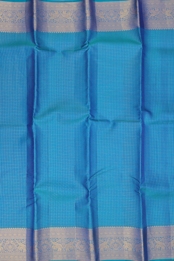 Kanchipuram Silk Saree In Peacock Blue With Checks Design