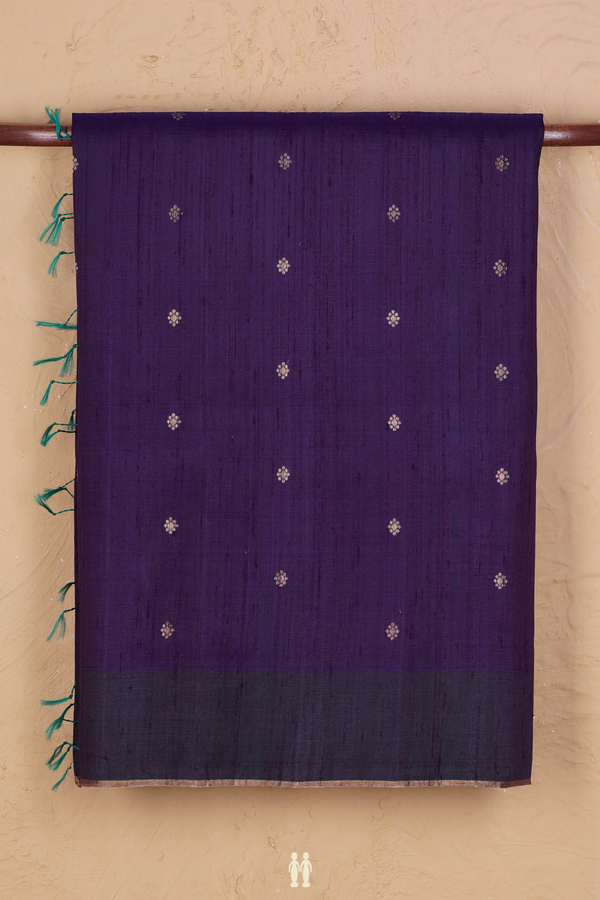 Raw Silk Saree In Navy Blue With Floral Buttas