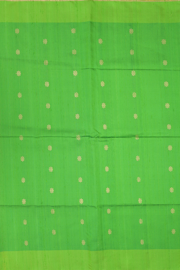 Raw Silk Saree In Parrot Green With Floral Buttas