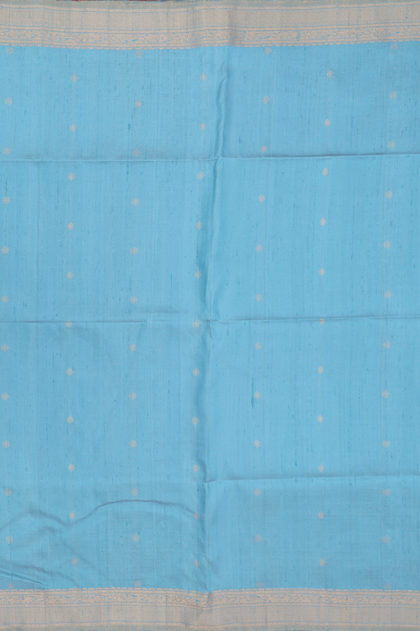 Raw Silk Saree In Blue With Floral Buttas