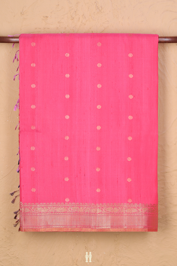 Raw Silk Saree In Pink With Floral Buttas
