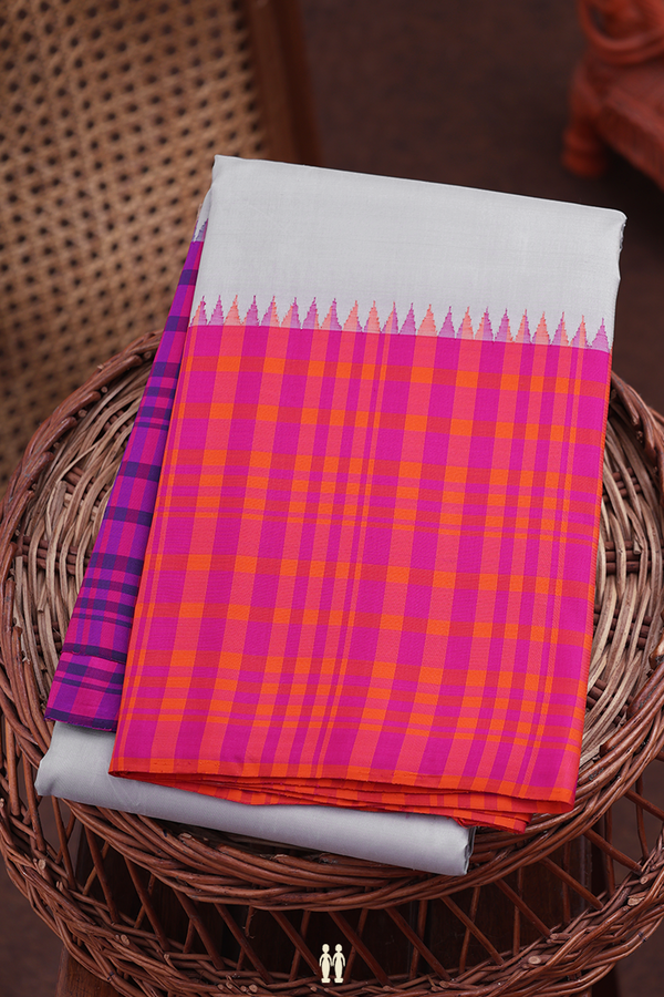 Kanchipuram Silk Saree In Grey With Ganga Jamuna Border