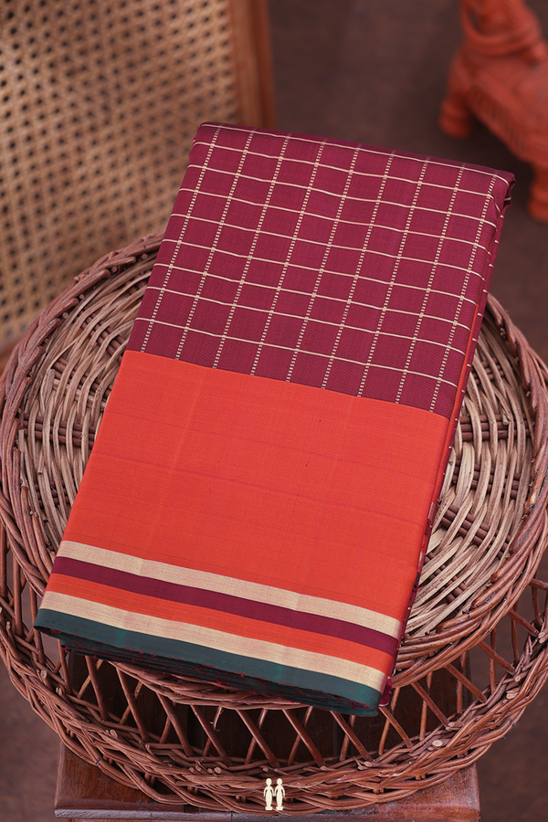 Kanchipuram Silk Saree In Maroon With Checks Design