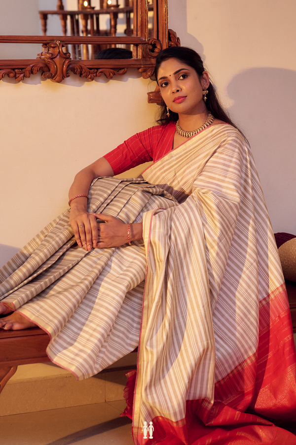 Kanchipuram Silk Saree In White And Khaki With Stripes Design