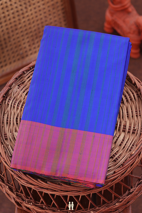 Kanchipuram Silk Saree In Indigo Blue With Stripes Design