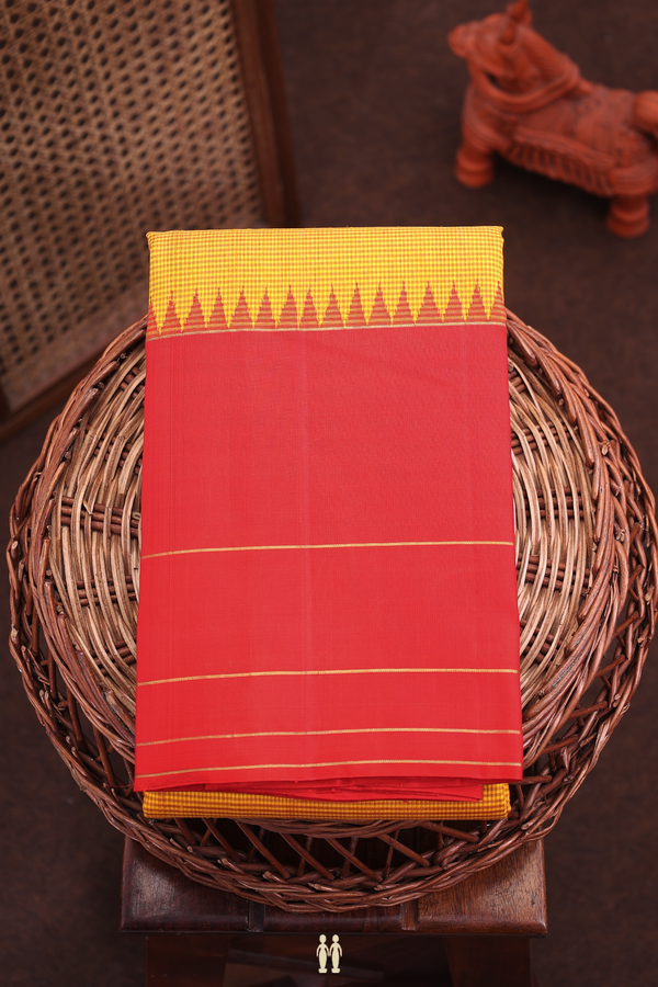 Kanchipuram Silk Saree In Saffron Yellow With Checks Design