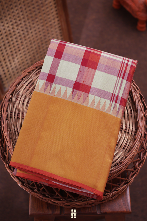 Kanchipuram Silk Saree In Grey And Red With Checks Design