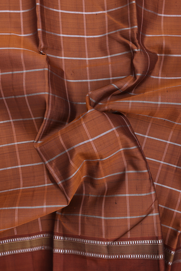 Kanchipuram Silk Saree In Saddle Brown With Checks Design