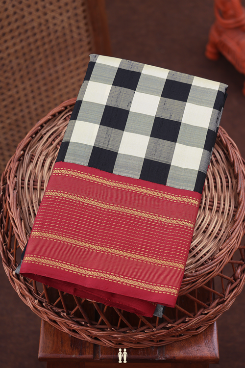 Kanchipuram Silk Saree In Black And White With Checks Design