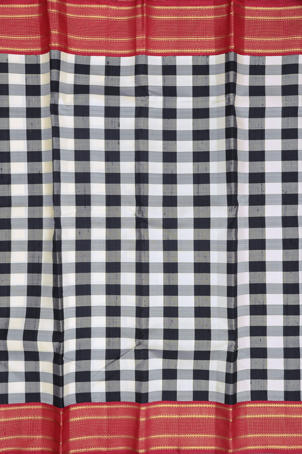 Kanchipuram Silk Saree In Black And White With Checks Design