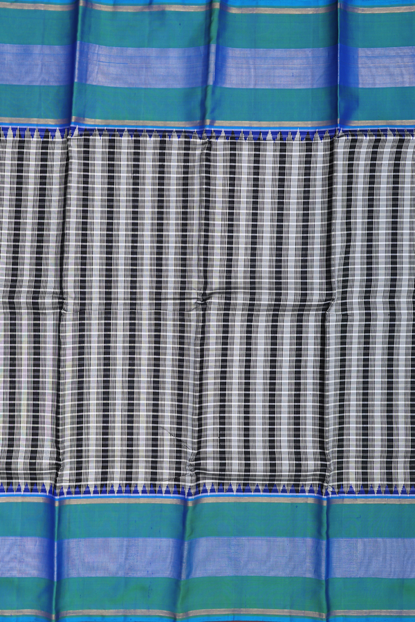 Kanchipuram Silk Saree In Black And Grey With Checks Design