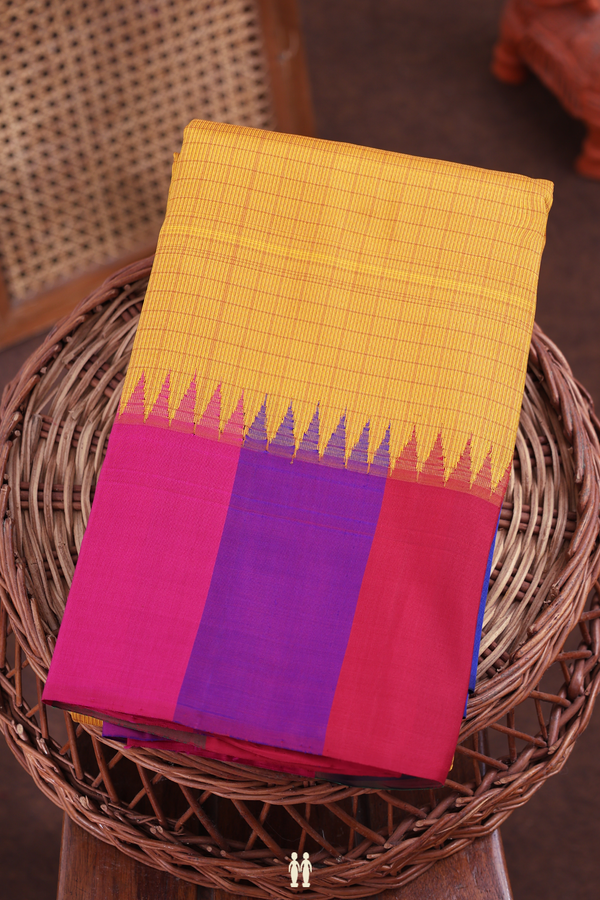 Kanchipuram Silk Saree In Yellow With Checks Design
