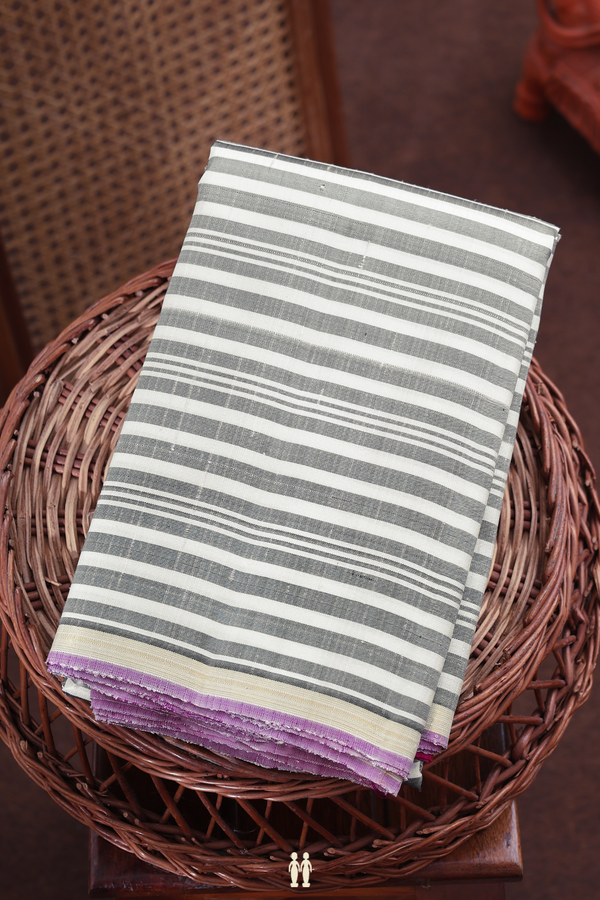 Kanchipuram Silk Saree In Grey And White With Stripes Design