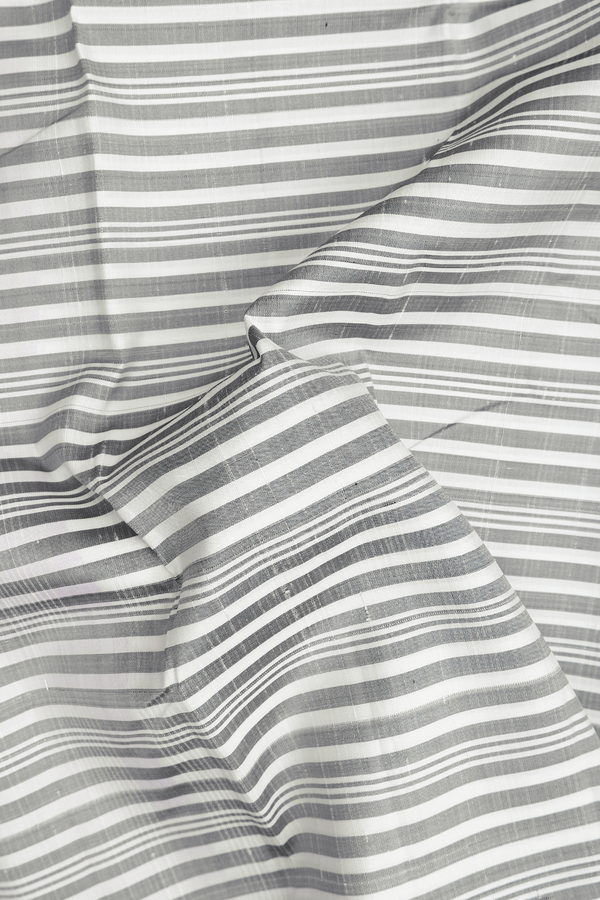 Kanchipuram Silk Saree In Grey And White With Stripes Design