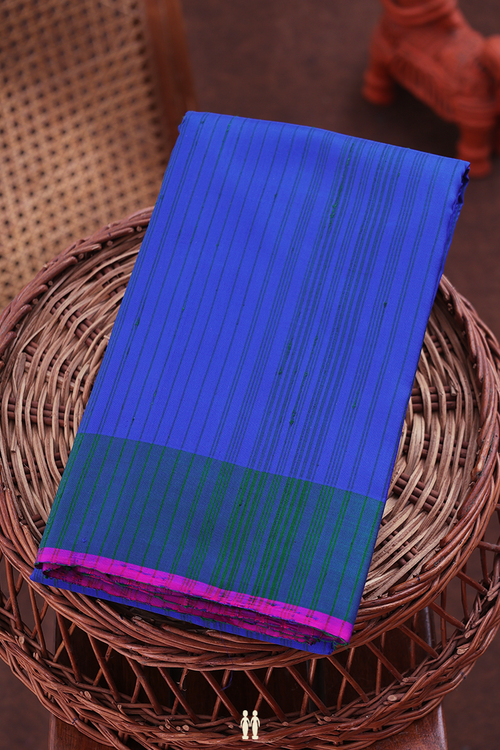 Kanchipuram Silk Saree In Cobalt Blue With Stripes Design