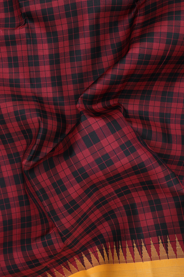 Kanchipuram Silk Saree In Black And Red With Checks Design