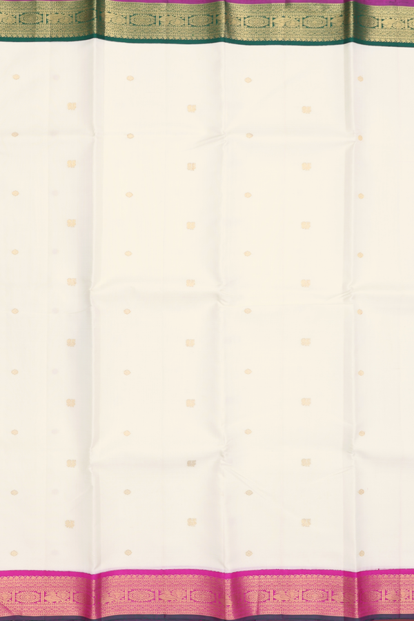 Kanchipuram Silk Saree In White With Peacock Buttas