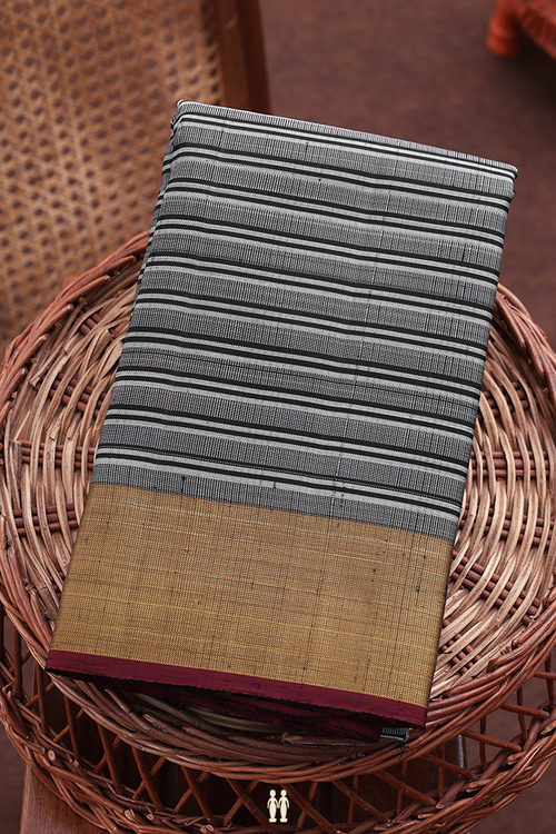 Kanchipuram Silk Saree In Grey With Stripes Design