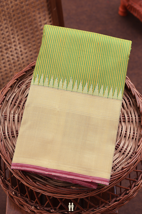 Kanchipuram Silk Saree In Green And Yellow With Checks Design