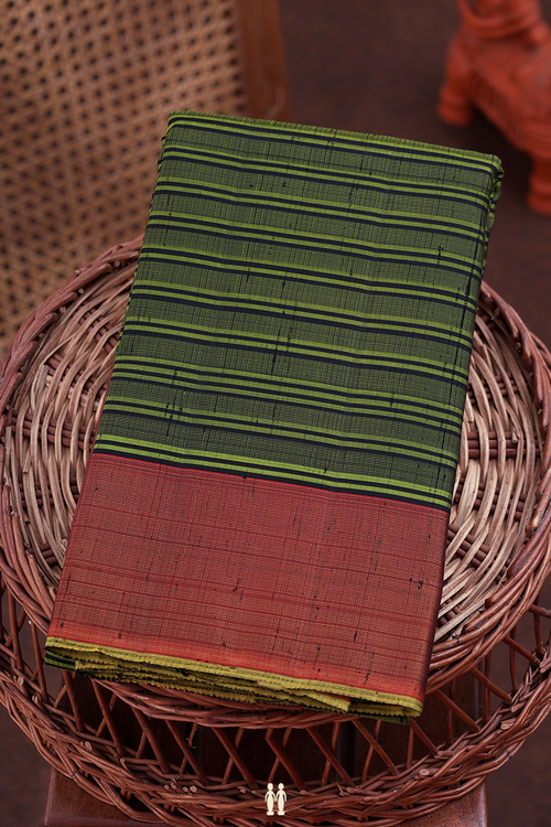Kanchipuram Silk Saree In Green And Black With Stripes Design