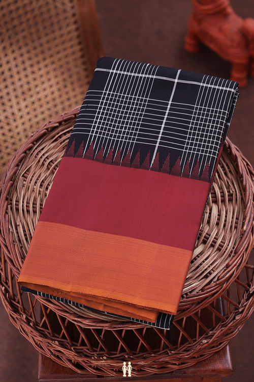 Kanchipuram Silk Saree In Black With Checks Design