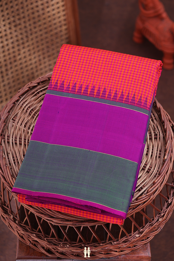 Kanchipuram Silk Saree In Orange And Magenta With Checks Design