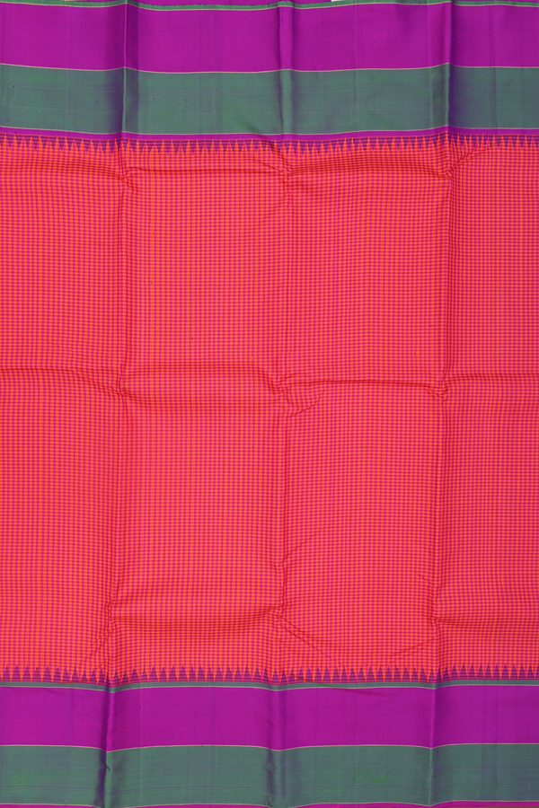 Kanchipuram Silk Saree In Orange And Magenta With Checks Design