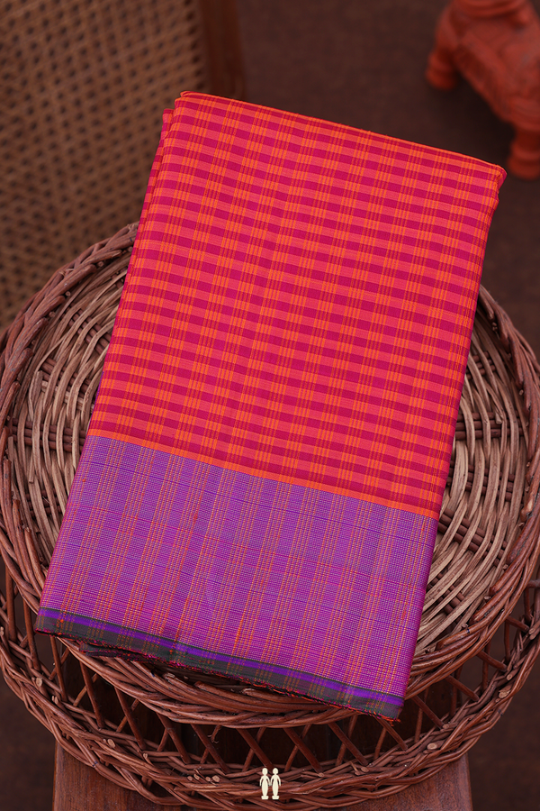 Kanchipuram Silk Saree In Orange And Pink With Checks Design