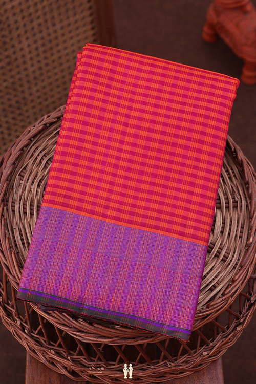 Kanchipuram Silk Saree In Orange And Pink With Checks Design